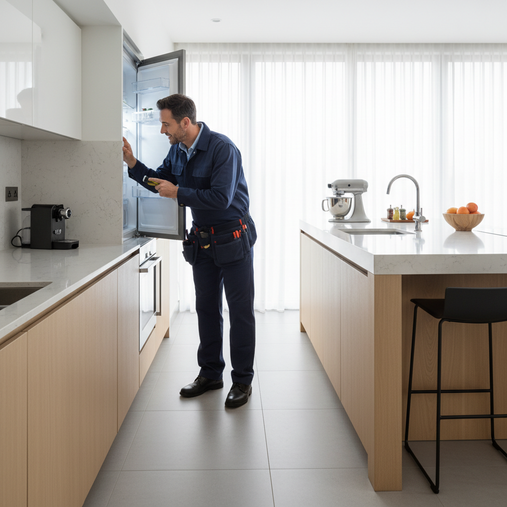 Technician inspecting a built-in refrigerator
